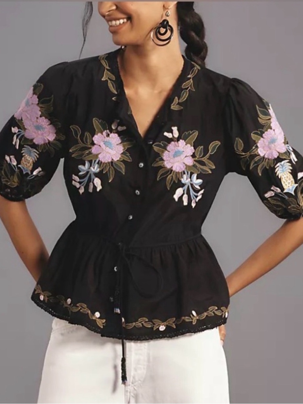 Farm Rio Embroidered Black Peplum Button-Up Top with Pink Floral Accents
